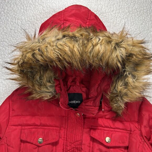 Bebe Red Puffer Jacket Women’s XL Faux Fur Hood Y2K Glam Streetwear Winter Coat - Picture 2 of 13